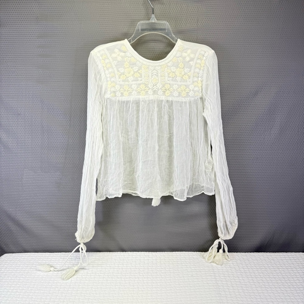 Free People Cream Embroidered Peasent Blouse Long Sleeve Size XS